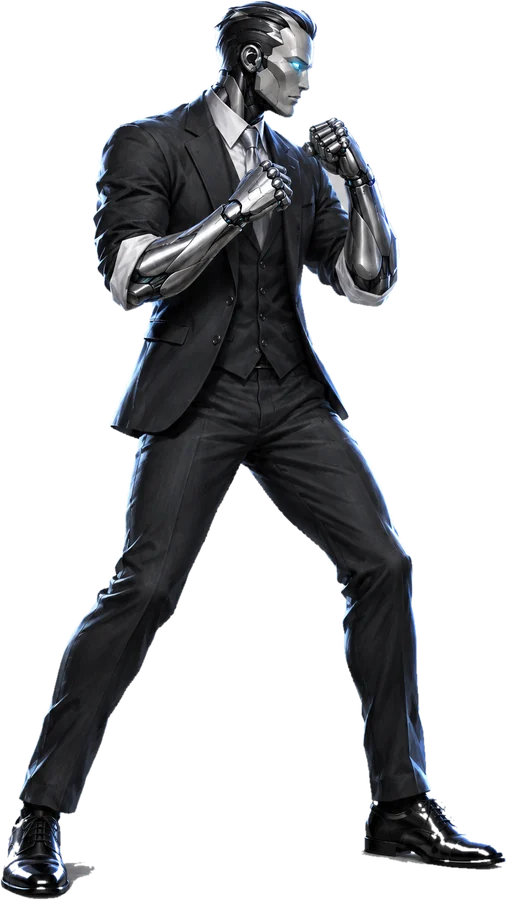 Dominion: a silver android in a charcoal three-piece suit, fists up in a boxing stance