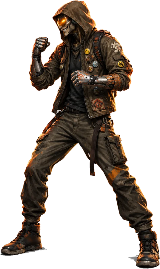 Swarm: a hooded android in a patched field jacket covered in pins, grinning behind an amber visor, fists up